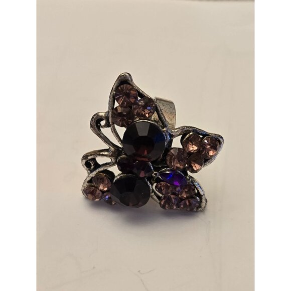 Vintage Butterfly Ring With Pink & Purple Rhinestones On Silver-Tone Band - Picture 8 of 10
